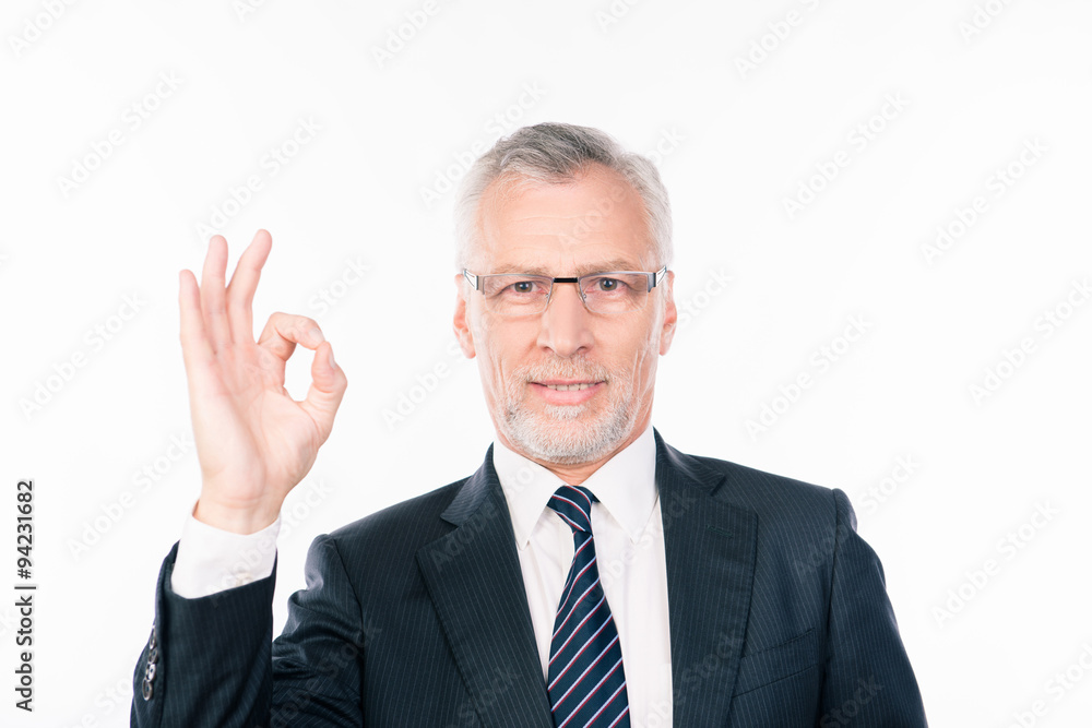 confident intelligent old businessman showing gesture ok confident intelligent old businessman showing gesture ok