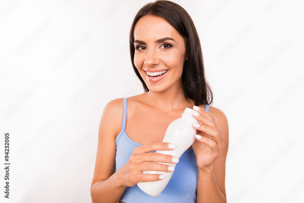Healthy happy woman with a bottle of drinking yoghurt Healthy happy woman with a bottle of drinking yoghurt