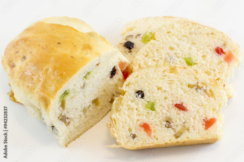 Fruit bread with various dry fruit on white background