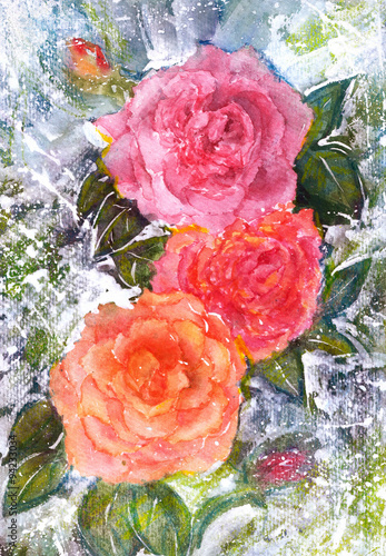 watercolor bouquet of roz.Rozy, leaves, shoots.delicate flowers. shades of pink in the flowers photo