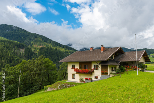 Traditional alpine house in green forest mountains