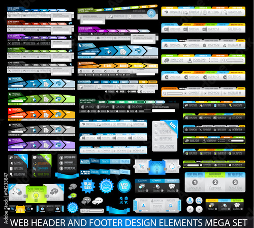 Mega Collection of Website templates, web headers, Footers, menu, drop menu, website icons, design elements for web pages, panels, buttons and so on.