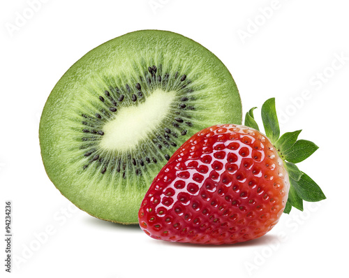 Green kiwi half red strawberry composition isolated on white