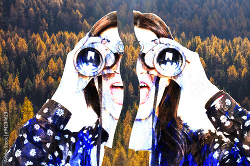Obraz na plátně Broken girl portrait with binoculars and autumn wood