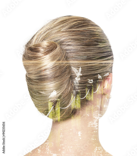 Double exposure of banana bun hairdo and autumn landscape