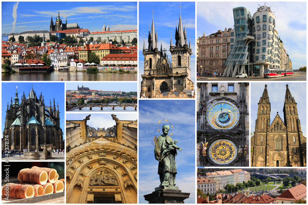 Obraz premium Colorful collage of landmarks of Prague