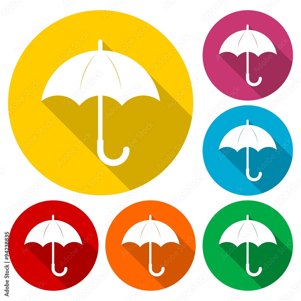 Umbrella icons set with long shadow