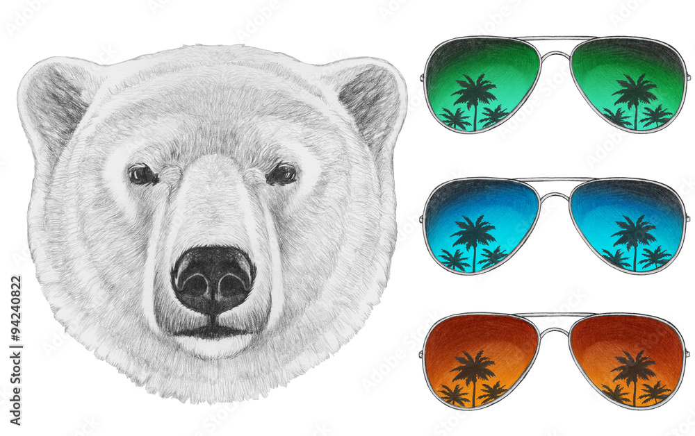 Naklejka premium Portrait of Polar Bear with mirror sunglasses. Hand drawn illustration.