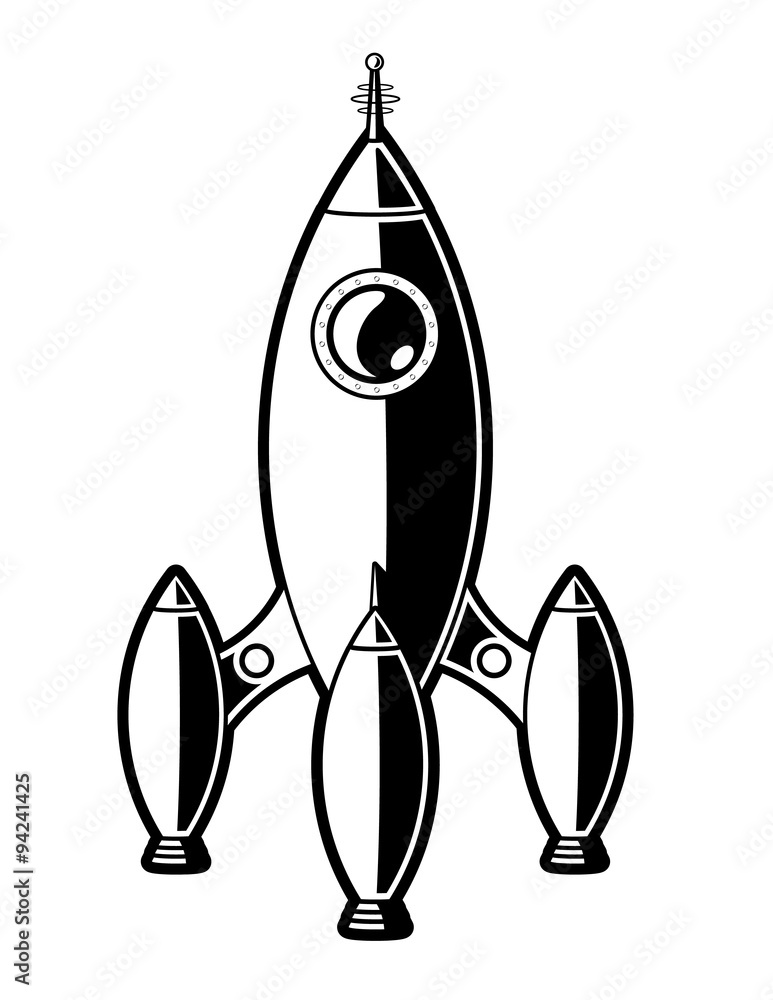 Rocket ship. Black and white cartoon vector illustration of a retro