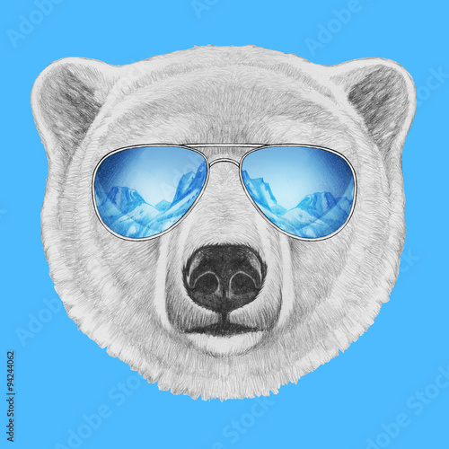 Portrait of Polar Bear with mirror sunglasses. Hand drawn illustration.