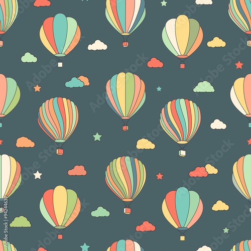 Seamless pattern with hot air balloons, stars, clouds