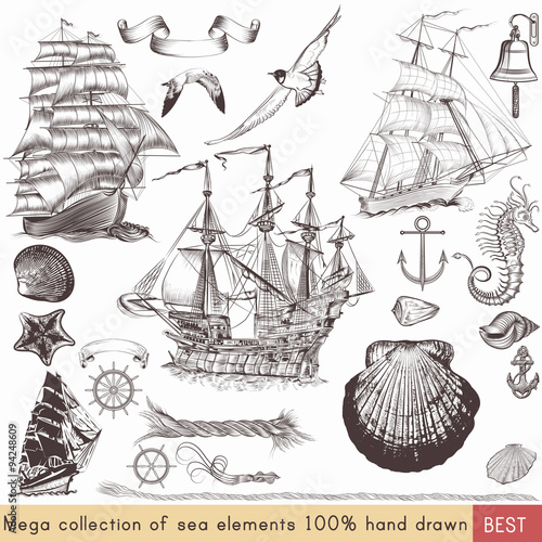 Collection of vector nautical elements on theme of sea