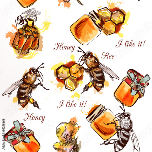 Vector seamless pattern with bees honey and comb