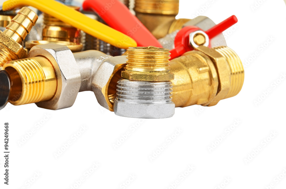 Plumbing fitting and ball valve, isolated on white background Plumbing fitting and ball valve, isolated on white background