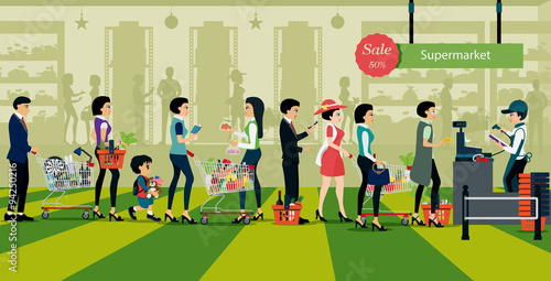 People line up to pay for shopping in supermarkets.