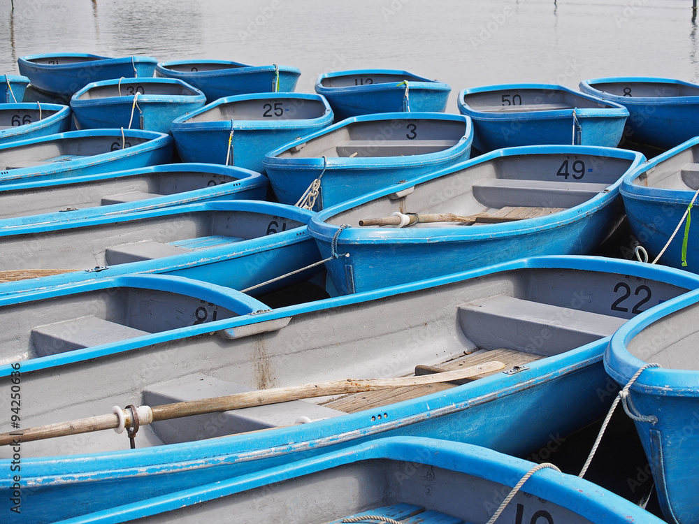 group of blue rowboat at river