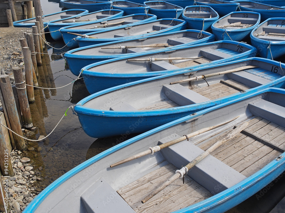 group of blue rowboat at river