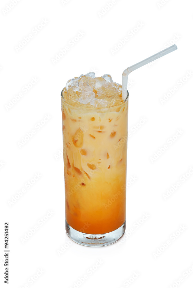 Iced milk tea with straw isolated on white background Iced milk tea with straw isolated on white background
