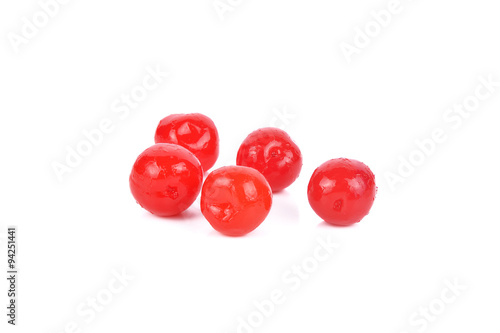 Maraschino cherries on white background photo