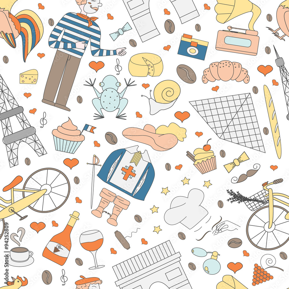 Seamless patternof thematic elements of France Seamless patternof thematic elements of France