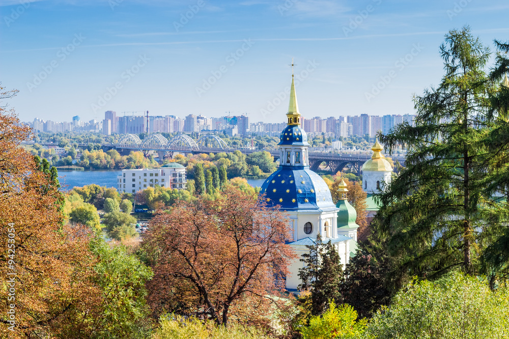 Naklejka premium View of the Vydubychi Monastery autumn