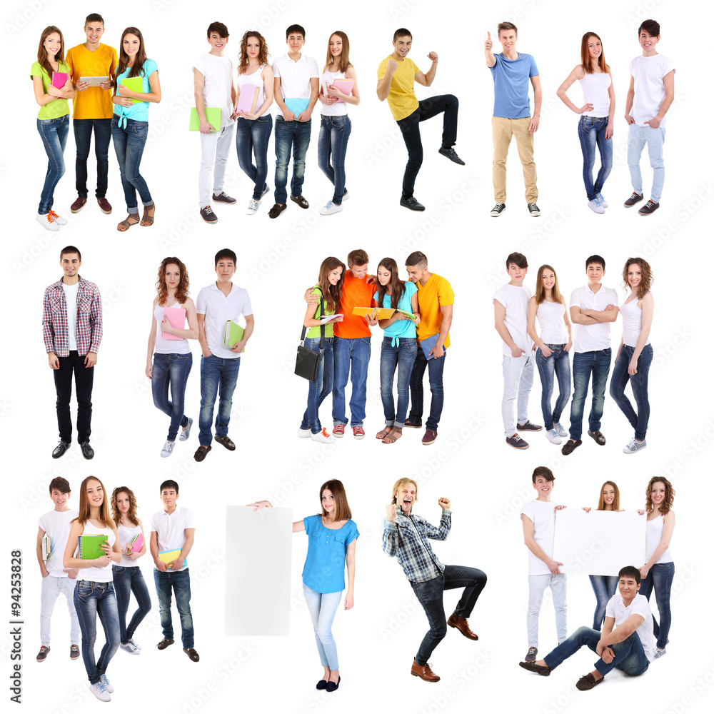 Different groups of  students, isolated on white