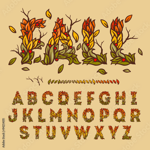 Hand drawn fall alphabet made with leaves
