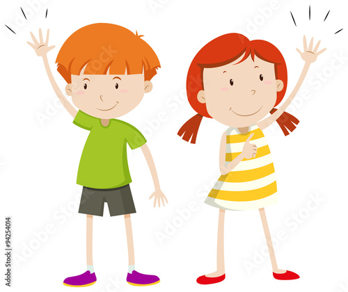Boy and girl having their hands up