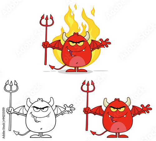 Angry Red Devil Character Holding A Pitchfork Over Flames. Collection Set