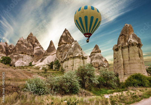 Flying balloon, Goreme, Turkey. Mountain landscape. Cappadocia