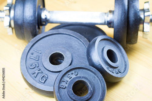 Exercise hand weights, Dumbbells on the wood floor