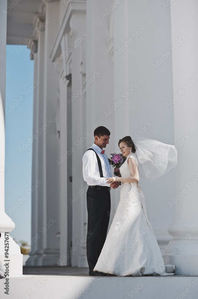 The bride and groom embrace on a background of white columns 371 The bride and groom embrace on a background of white columns 371