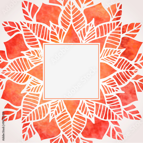 Watercolor red frame with floral pattern. Vector element