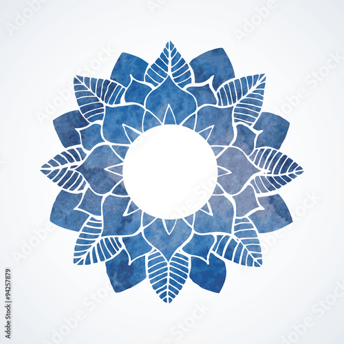 Watercolor blue frame with lace floral pattern. Vector element