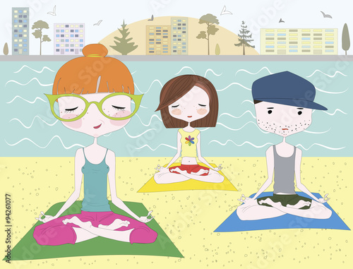 People making yoga on the beach