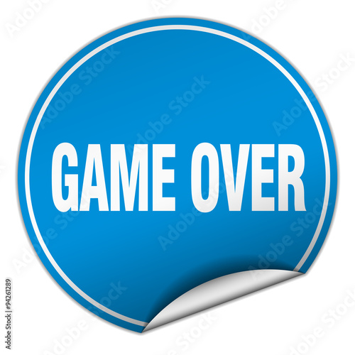 game over round blue sticker isolated on white