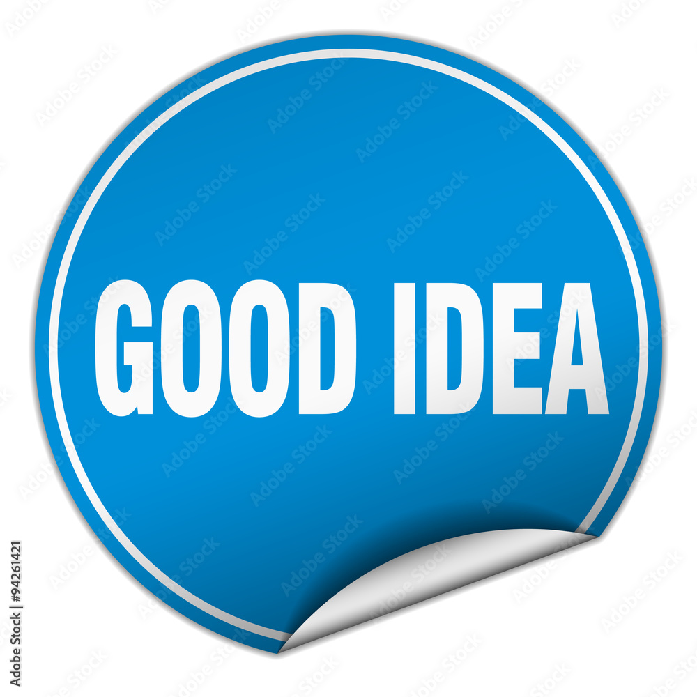 good idea round blue sticker isolated on white