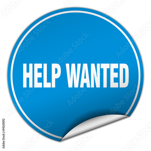 help wanted round blue sticker isolated on white