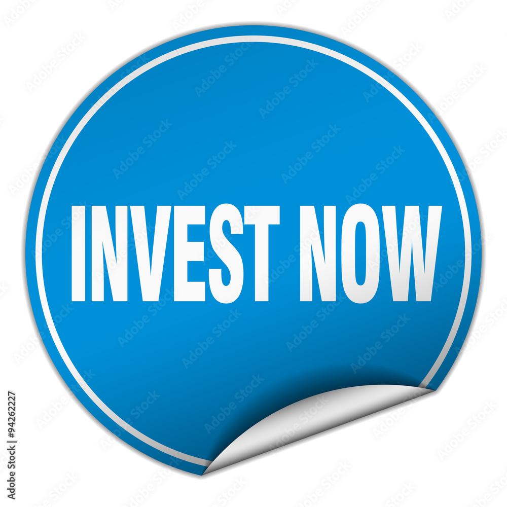 invest now round blue sticker isolated on white