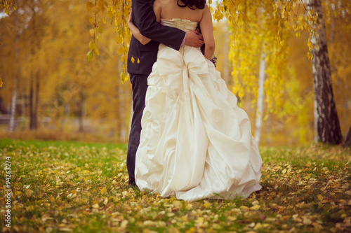 wedding. husband and wife embrace. Golden autumn