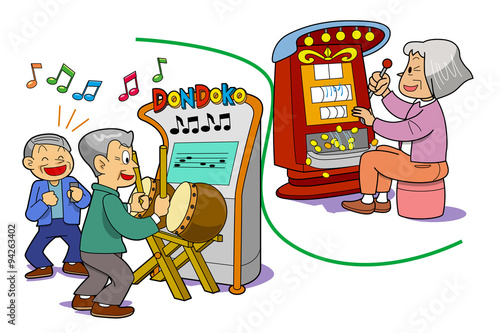 Elderly playing in arcade.