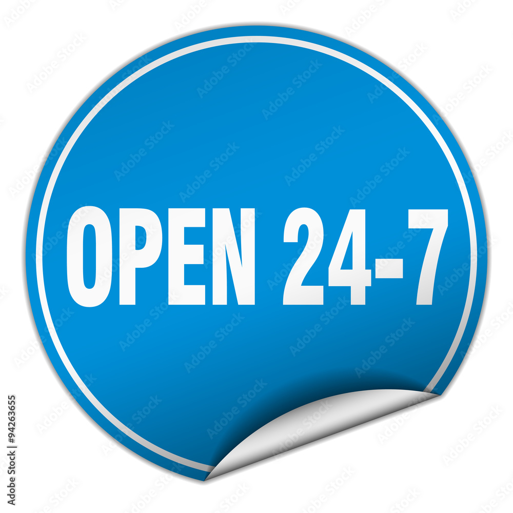 open 24 7 round blue sticker isolated on white open 24 7 round blue sticker isolated on white
