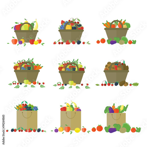 Fruits and vegetables in basket. Set of vector objects