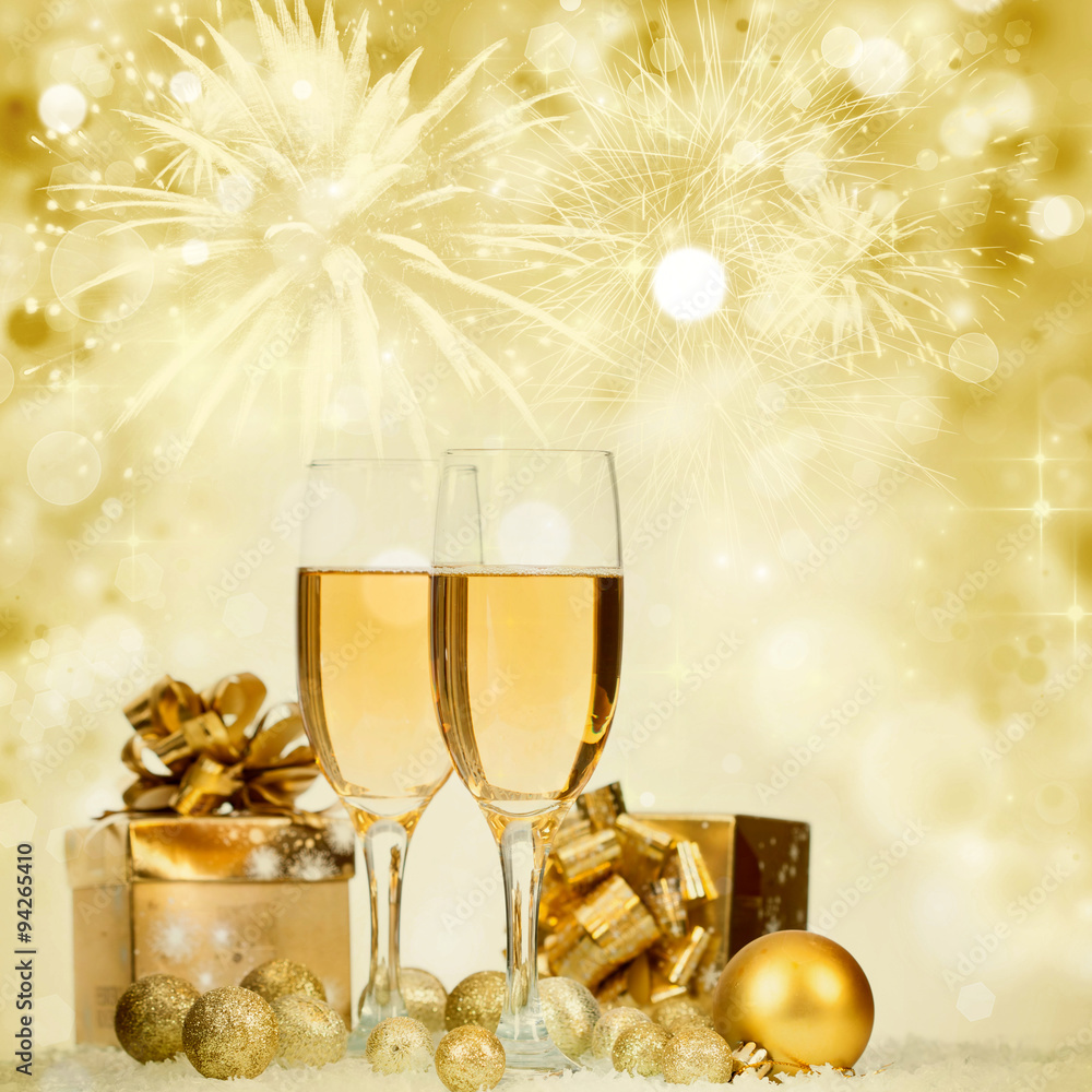 Champagne over fireworks and sparkling holiday lights Champagne over fireworks and sparkling holiday lights