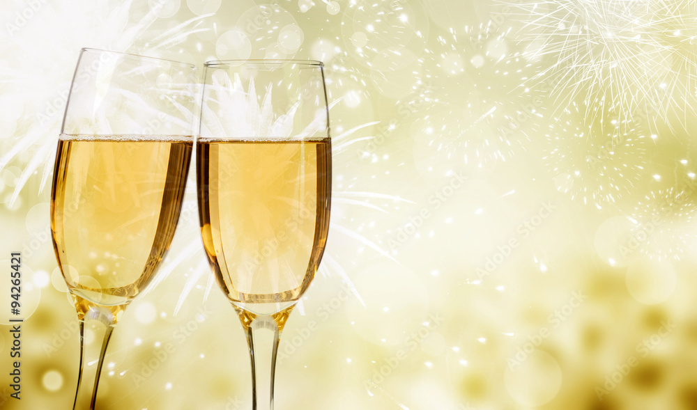 Champagne over fireworks and sparkling holiday lights Champagne over fireworks and sparkling holiday lights