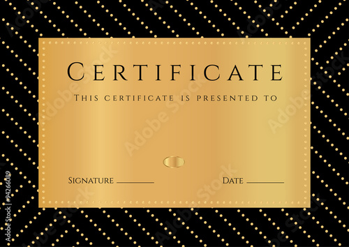 Certificate, Diploma of Completion with black Background, golden elemets pattern, border, gold frame. Certificate of Achievement, Graduation Certificate, award, School awards, winner certificate