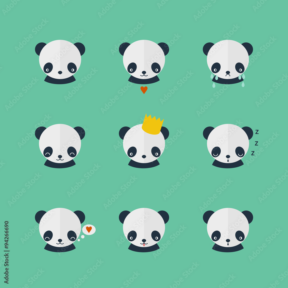 Panda vector icons set in flat design
