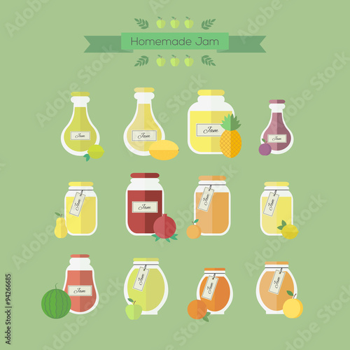 Collection of jars with jam. Vector objects in flat