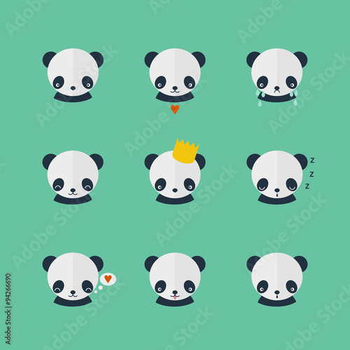 Fototapeta Naklejka Na Ścianę i Meble -  Panda vector icons set in flat design