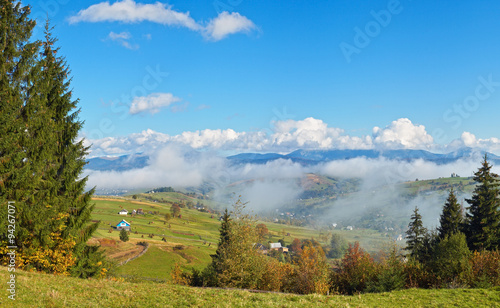 Beautiful country morning in Carpathian mountains